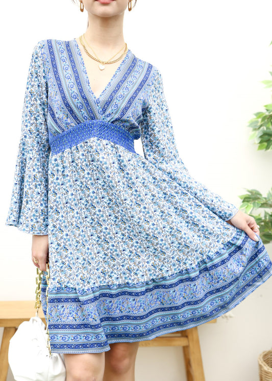 Surplice Shirred Waist Boho Dress