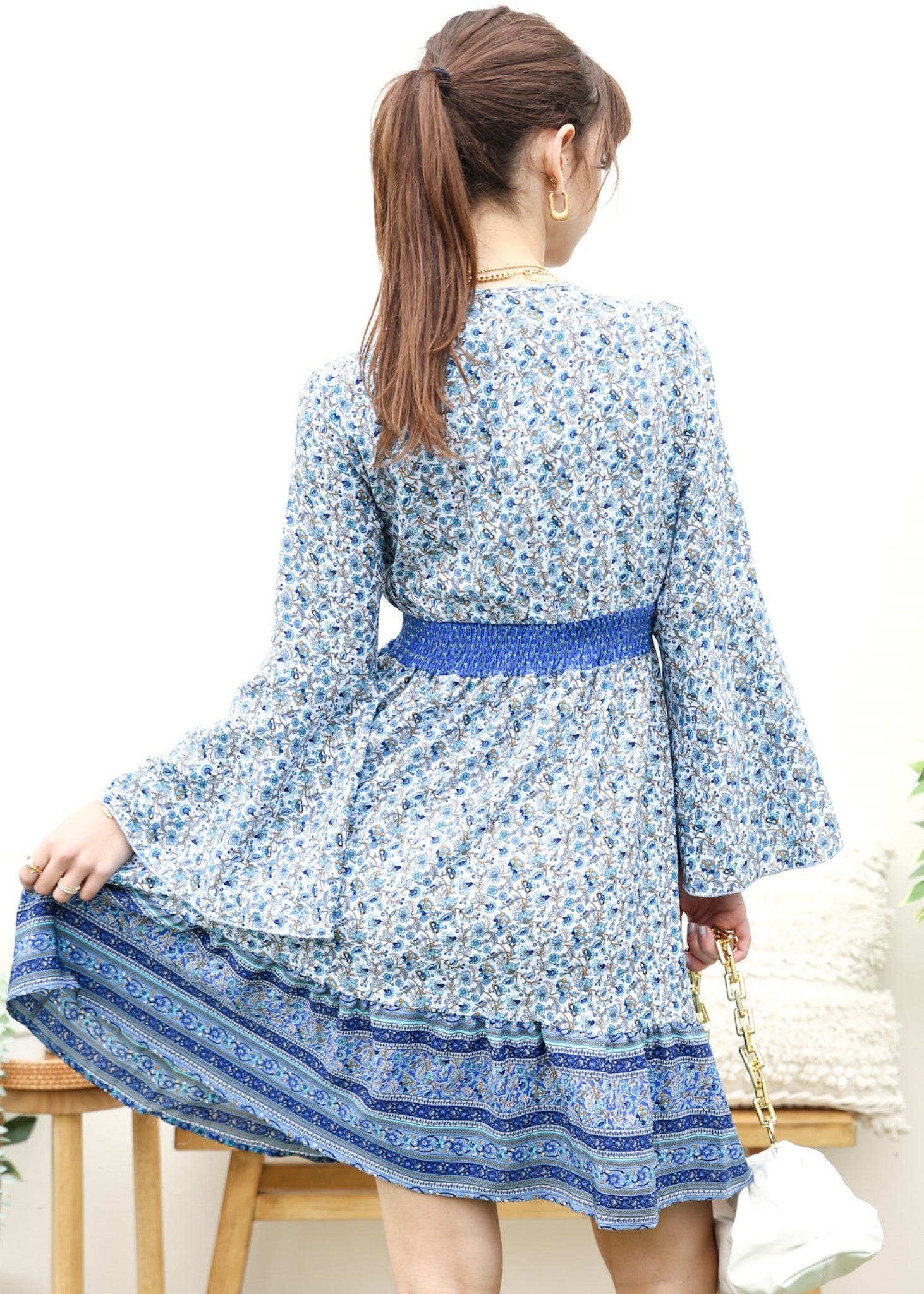 Surplice Shirred Waist Boho Dress