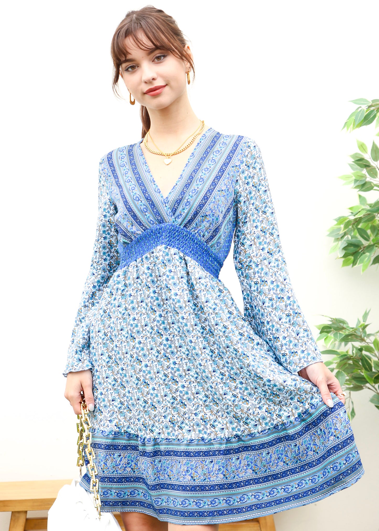Surplice Shirred Waist Boho Dress