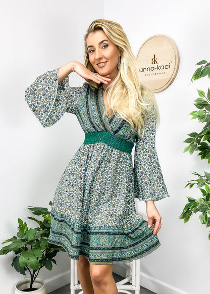 Surplice Shirred Waist Boho Dress