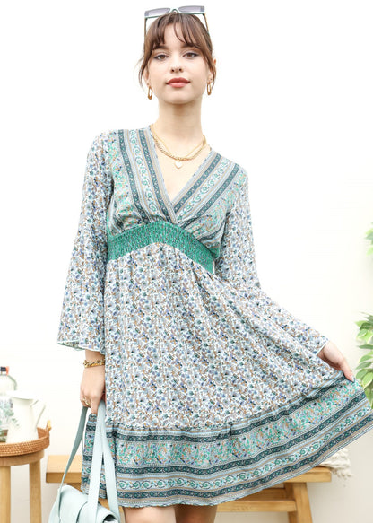 Surplice Shirred Waist Boho Dress