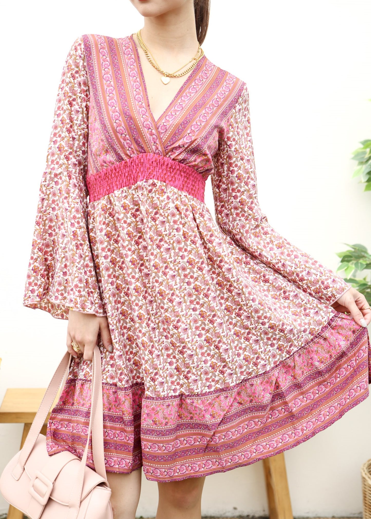 Surplice Shirred Waist Boho Dress