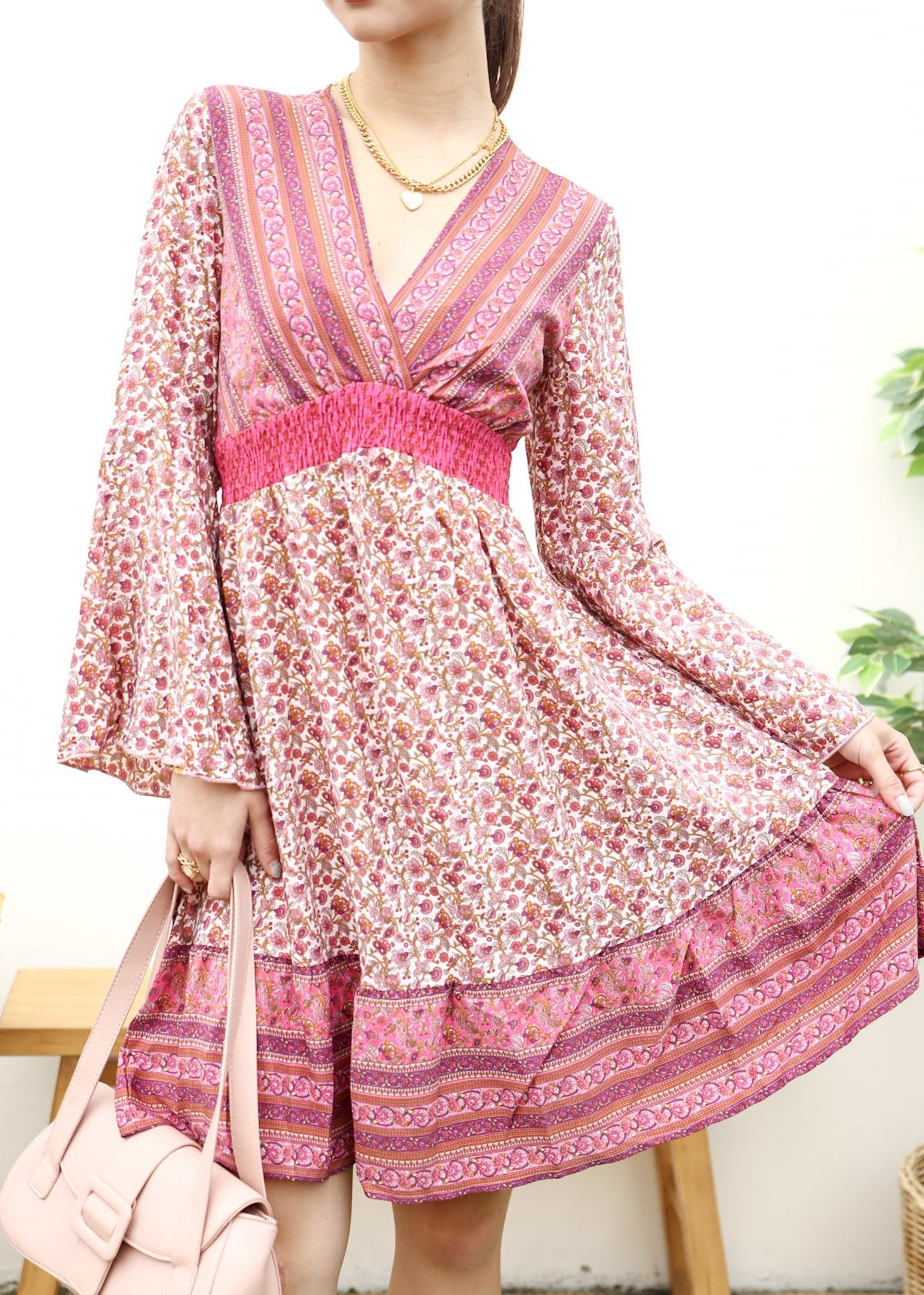 Surplice Shirred Waist Boho Dress