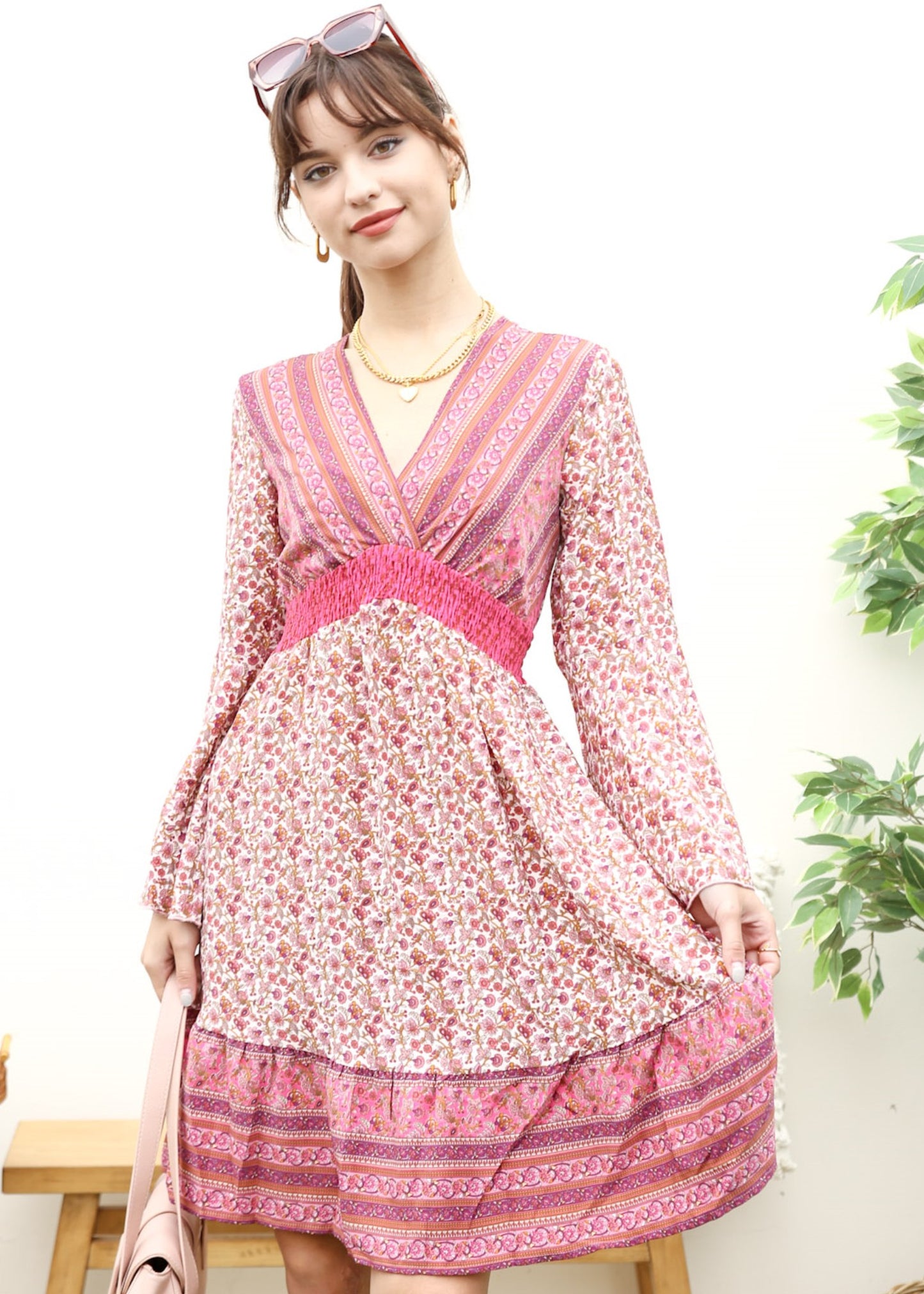 Surplice Shirred Waist Boho Dress