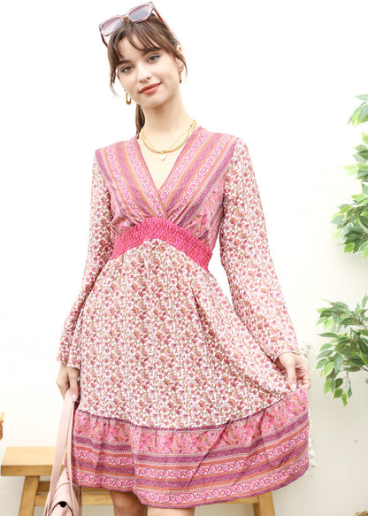 Surplice Shirred Waist Boho Dress