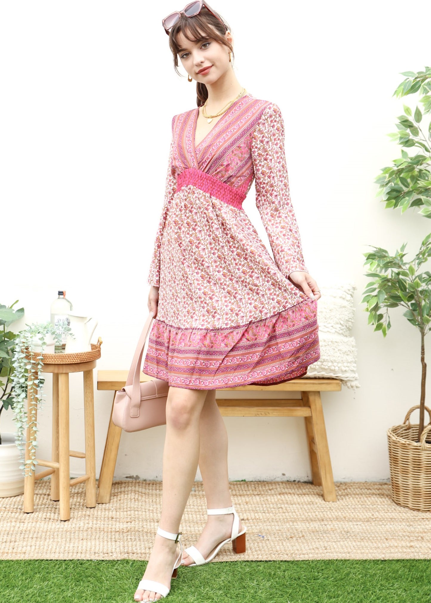 Surplice Shirred Waist Boho Dress