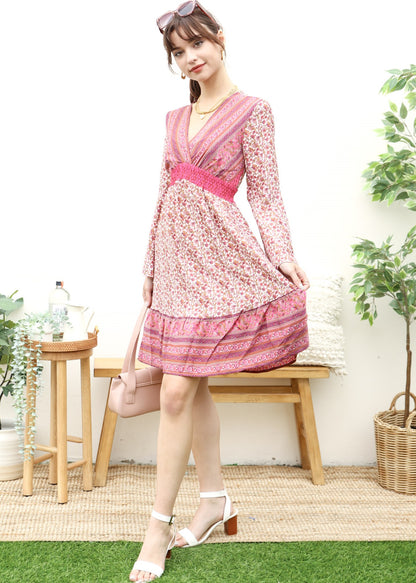 Surplice Shirred Waist Boho Dress