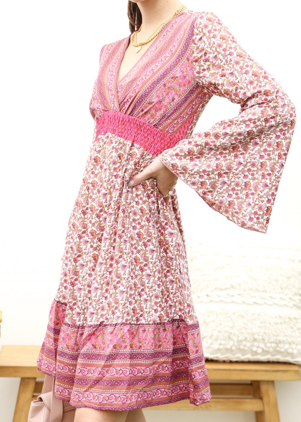Surplice Shirred Waist Boho Dress