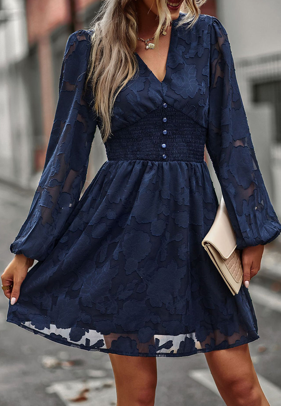 V Neck Floral Pattern Shirred Button Waist Dress Above Knee Length Anna-Kaci V Neck Floral Pattern Shirred Button Waist Dress Above Knee Length Anna-Kaci