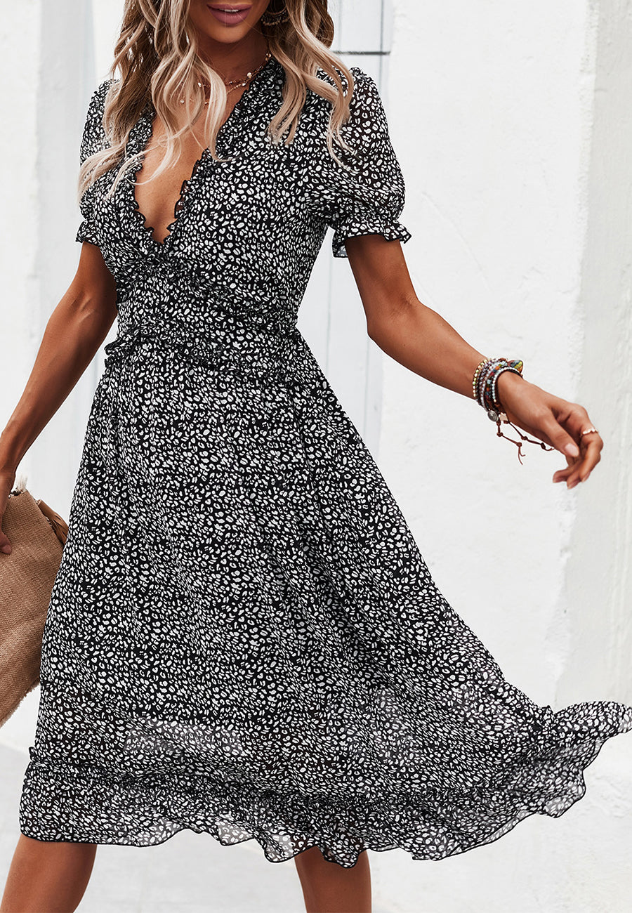 Plunge Neck Ruffle Detail Leopard Dress