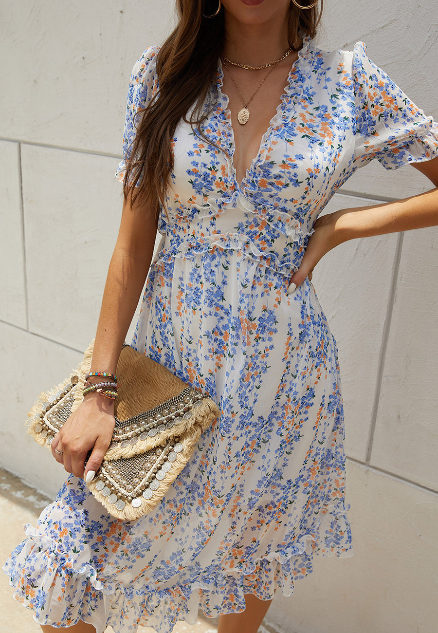 Plunge Neck Ruffle Detail Leopard Dress