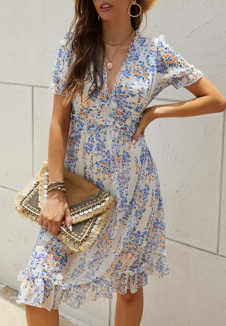 Plunge Neck Ruffle Detail Leopard Dress