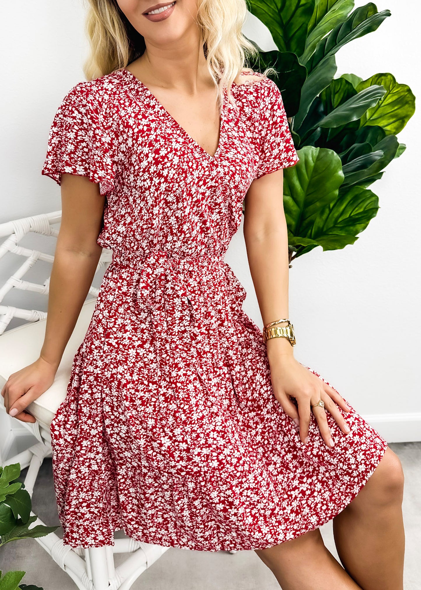 Surplice Neck Flutter Sleeve Dress