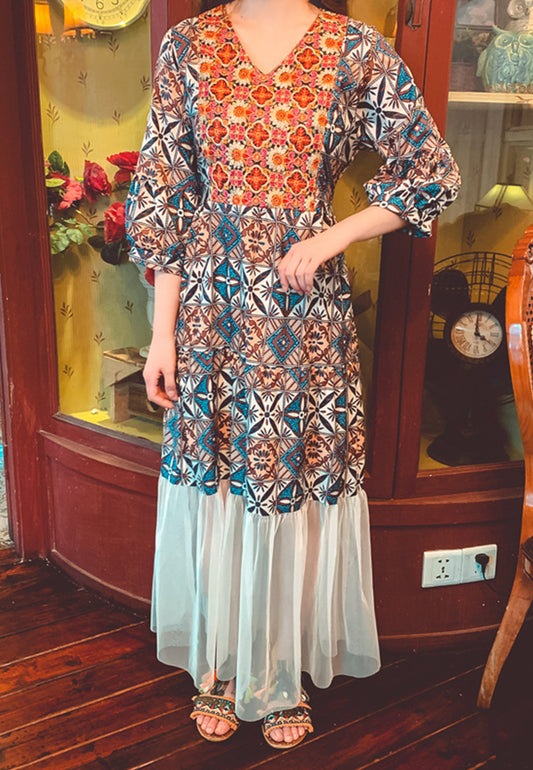 Geometric Print Mesh Hem Dress