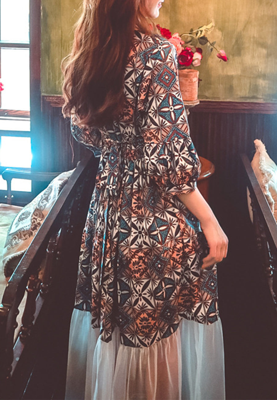 Geometric Print Mesh Hem Dress