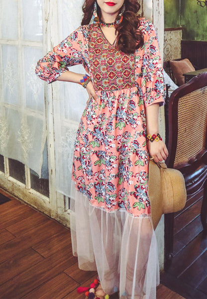 Geometric Print Mesh Hem Dress
