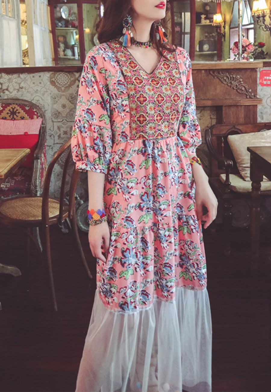Geometric Print Mesh Hem Dress