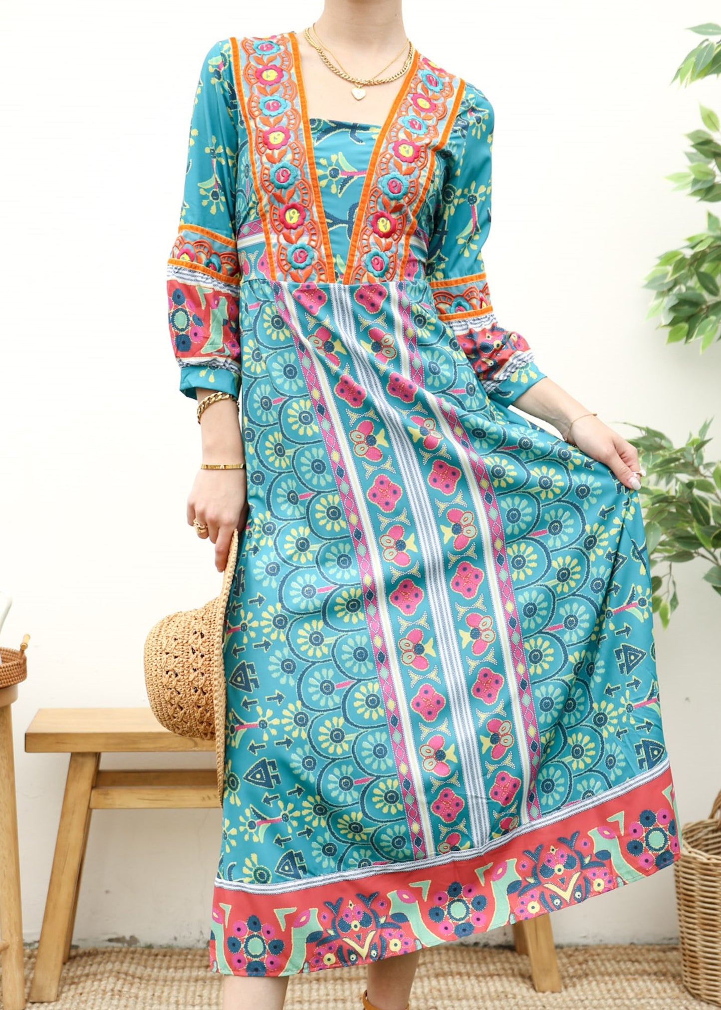 Straight Neck Geometric Kaftan Dress