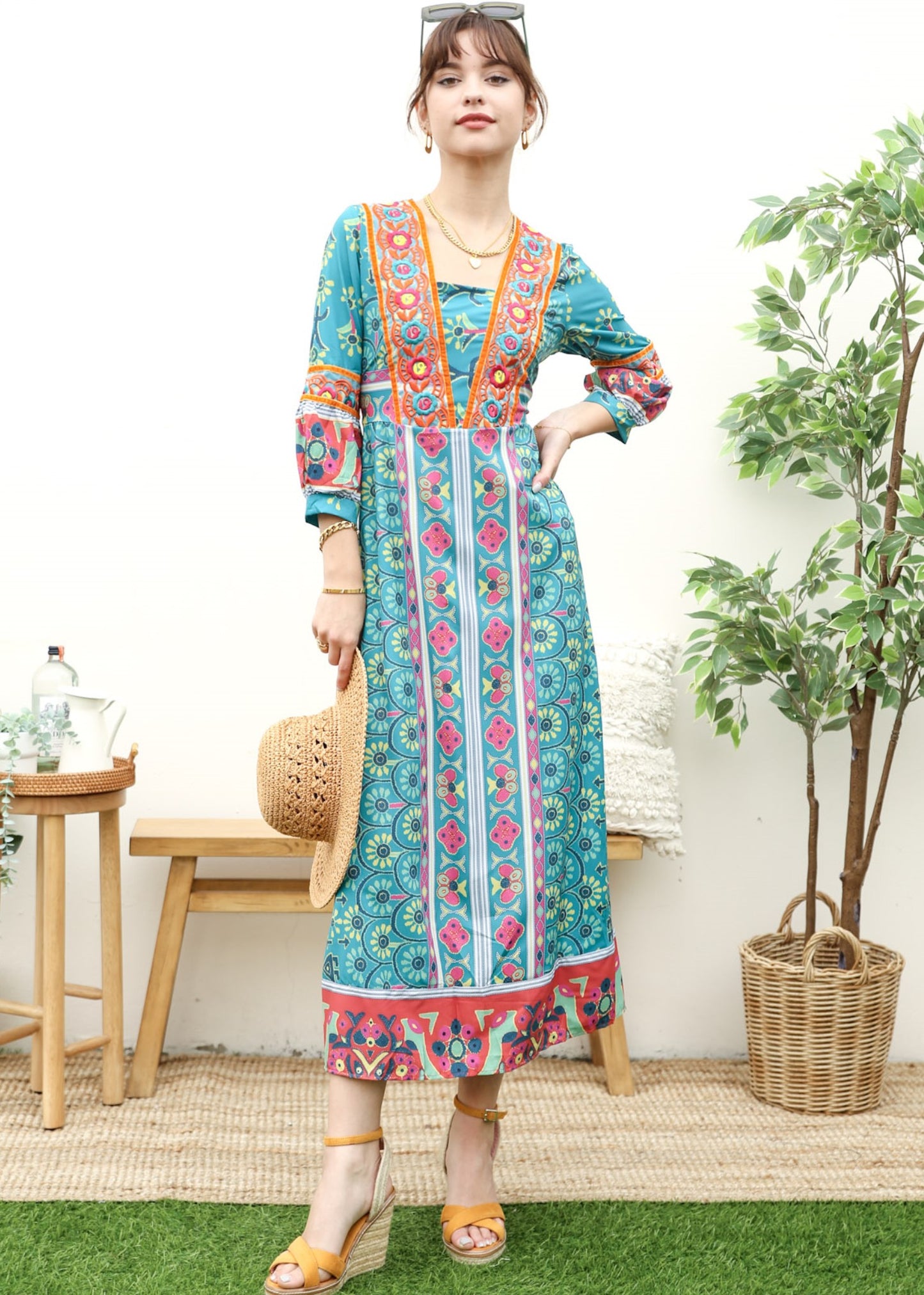 Straight Neck Geometric Kaftan Dress