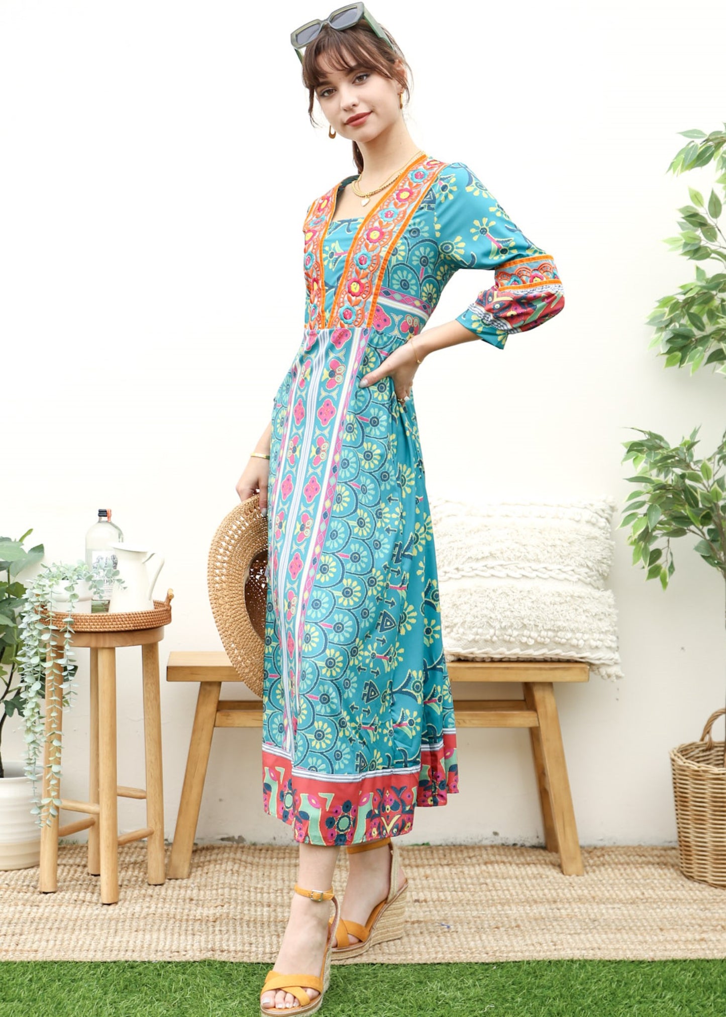 Straight Neck Geometric Kaftan Dress