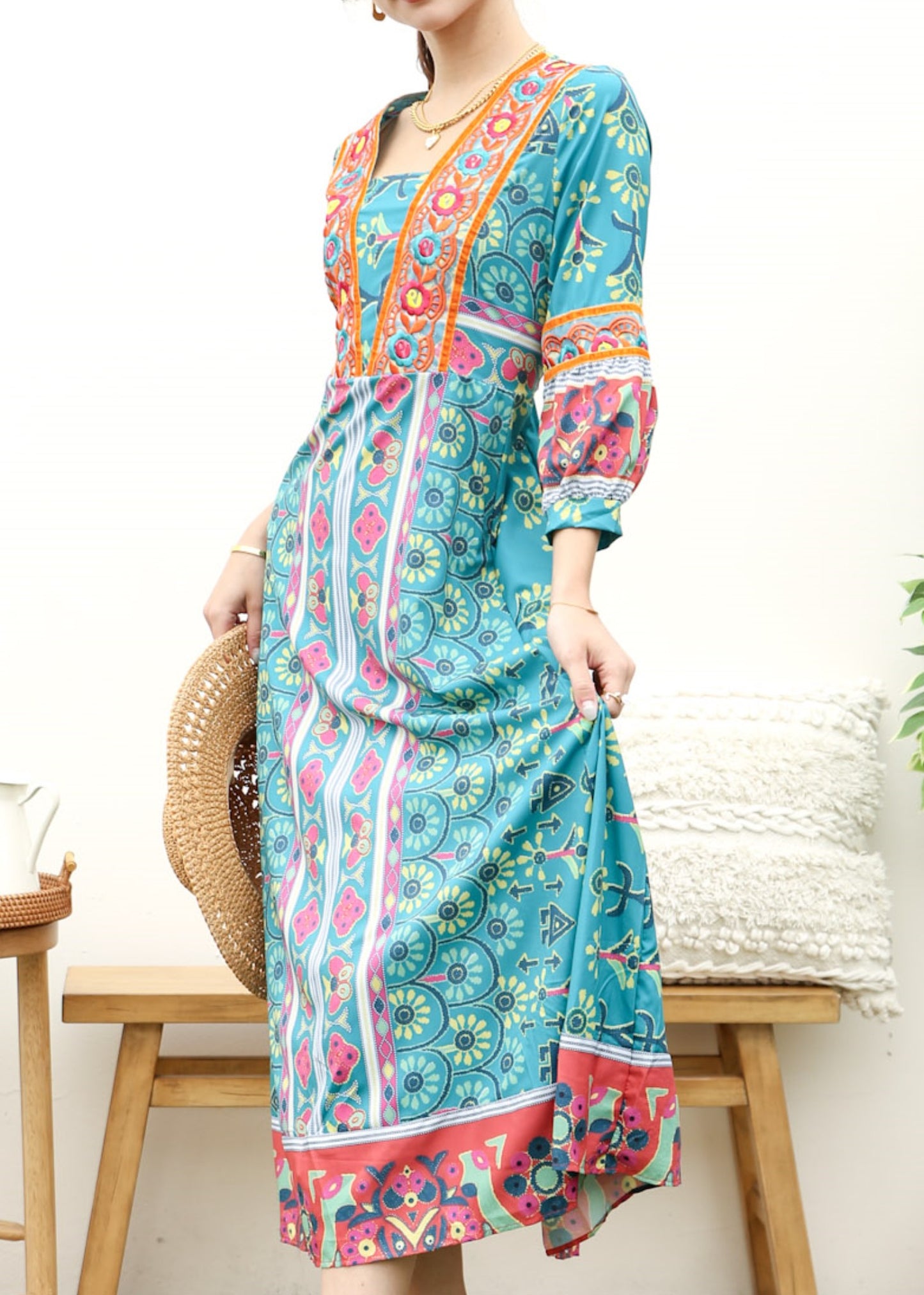 Straight Neck Geometric Kaftan Dress