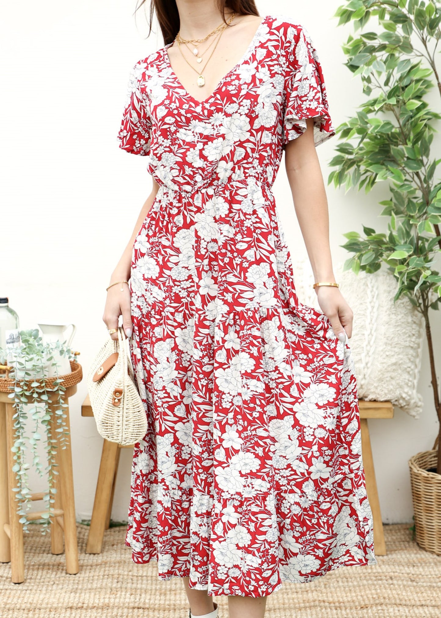 Floral Print V Neck Midi Dress