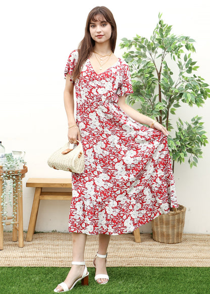 Floral Print V Neck Midi Dress