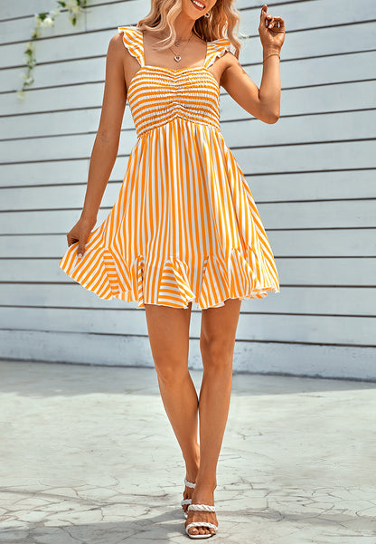 Striped Print Godet Hem Dress