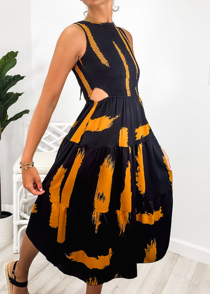 Abstract Print Sleeveless Round Neck Side Cutout Dress