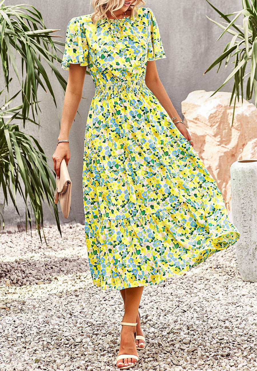 Vestido con cintura fruncida y mangas abullonadas 