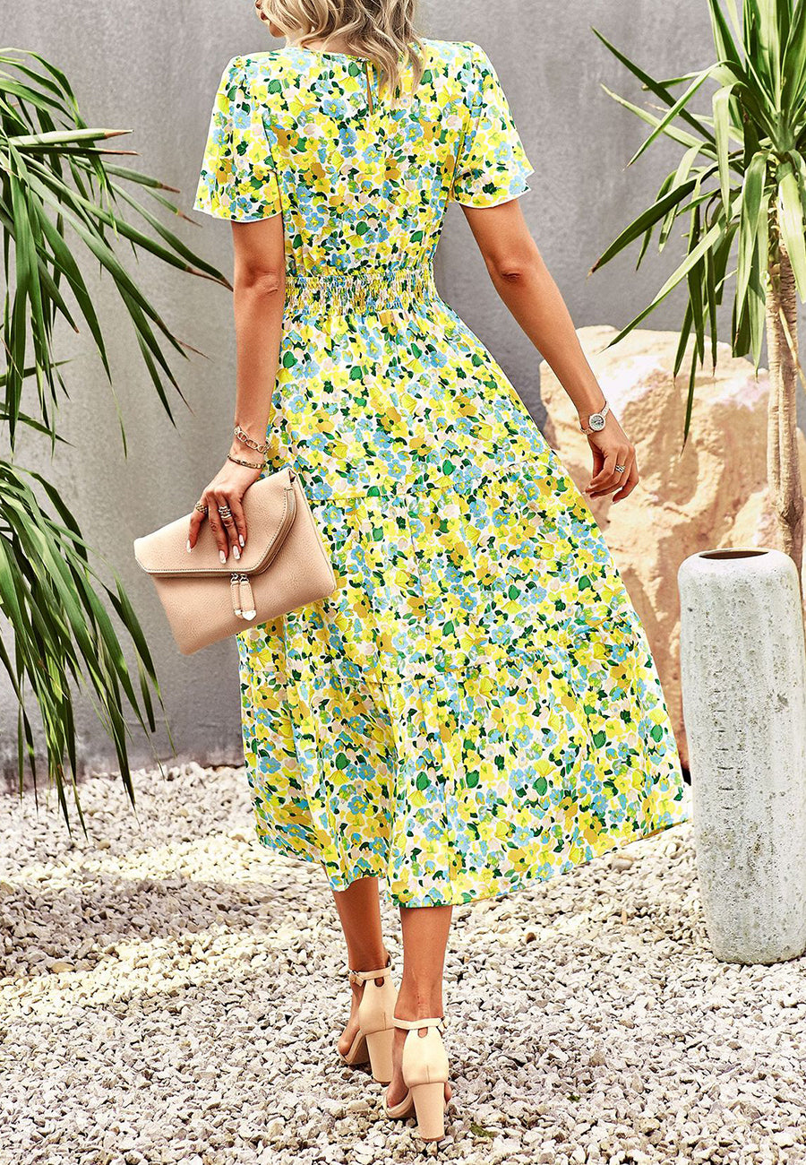 Shirred Waist Flutter Sleeve Dress