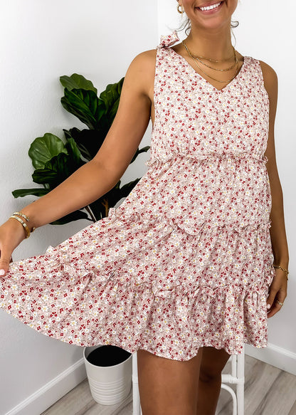 Tie Shoulder Floral Ruffle Tiered Dress