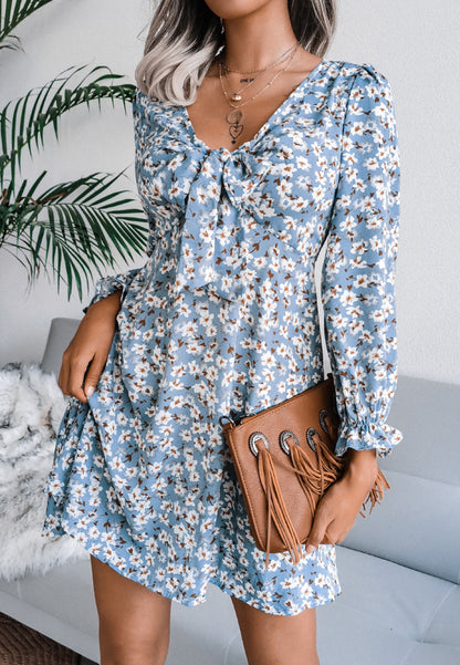 Tie Front V Neck Floral Dress