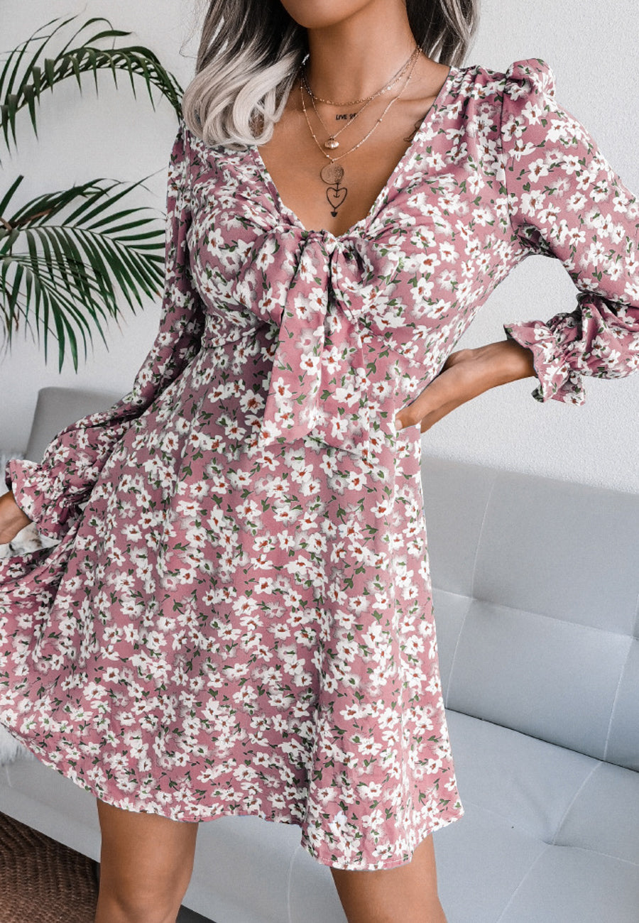 Tie Front V Neck Floral Dress