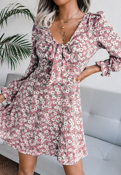 Tie Front V Neck Floral Dress
