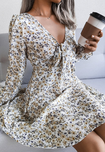 Tie Front V Neck Floral Dress