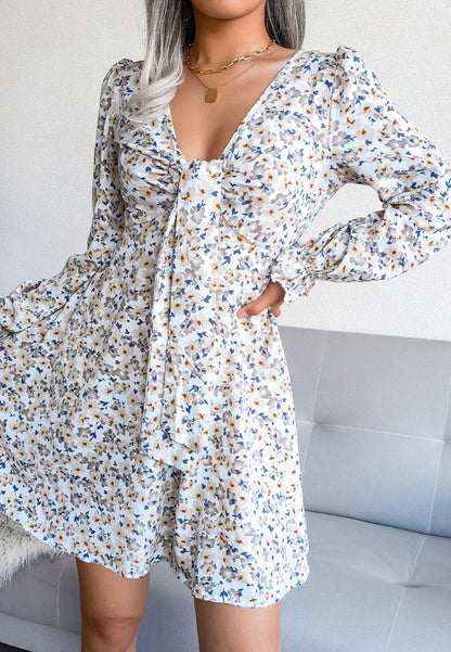 Tie Front V Neck Floral Dress