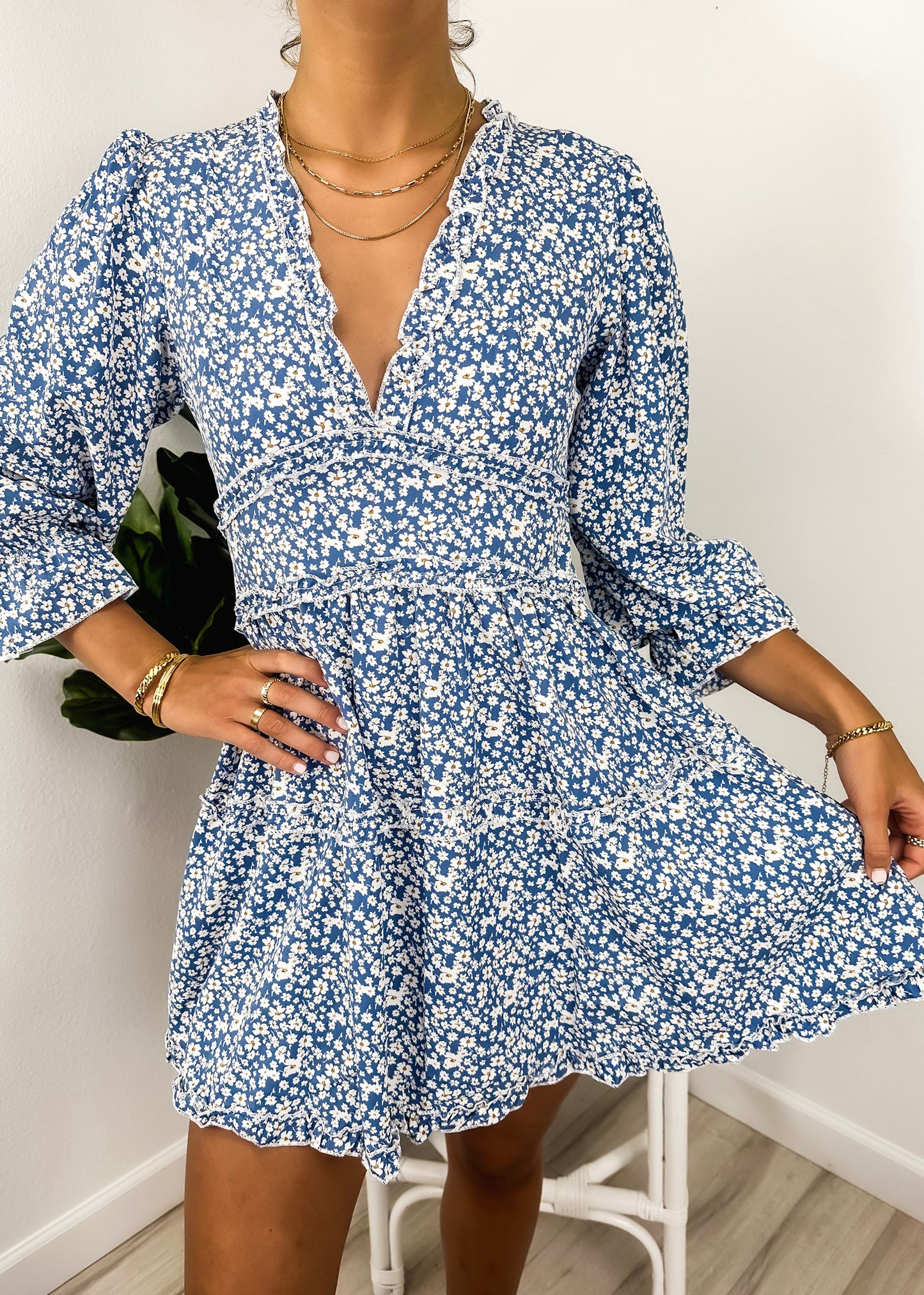 Ruffle Plunge Neck Floral Dress