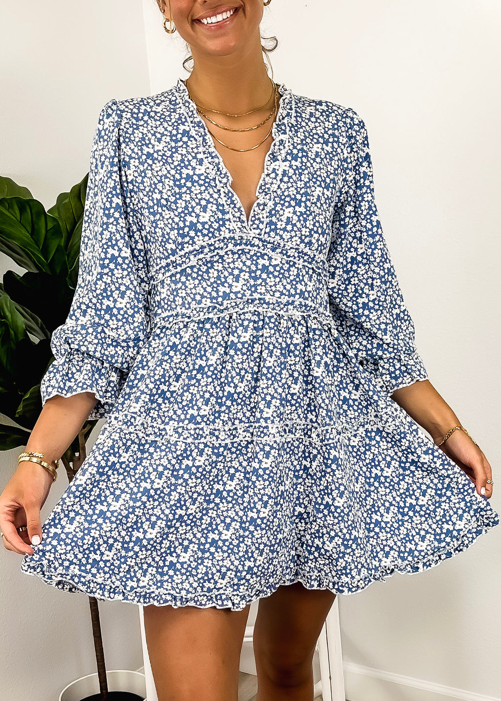 Ruffle Plunge Neck Floral Dress