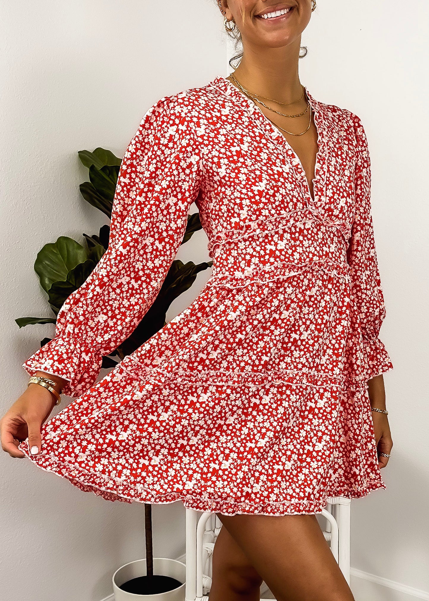 Ruffle Plunge Neck Floral Dress