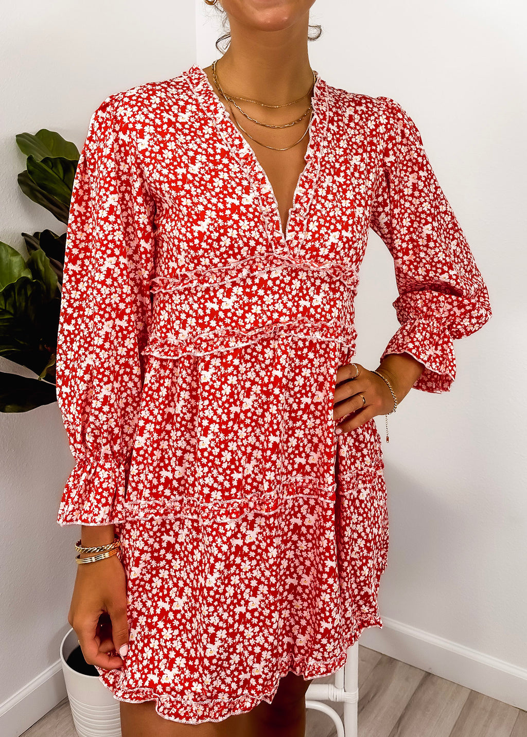 Ruffle Plunge Neck Floral Dress