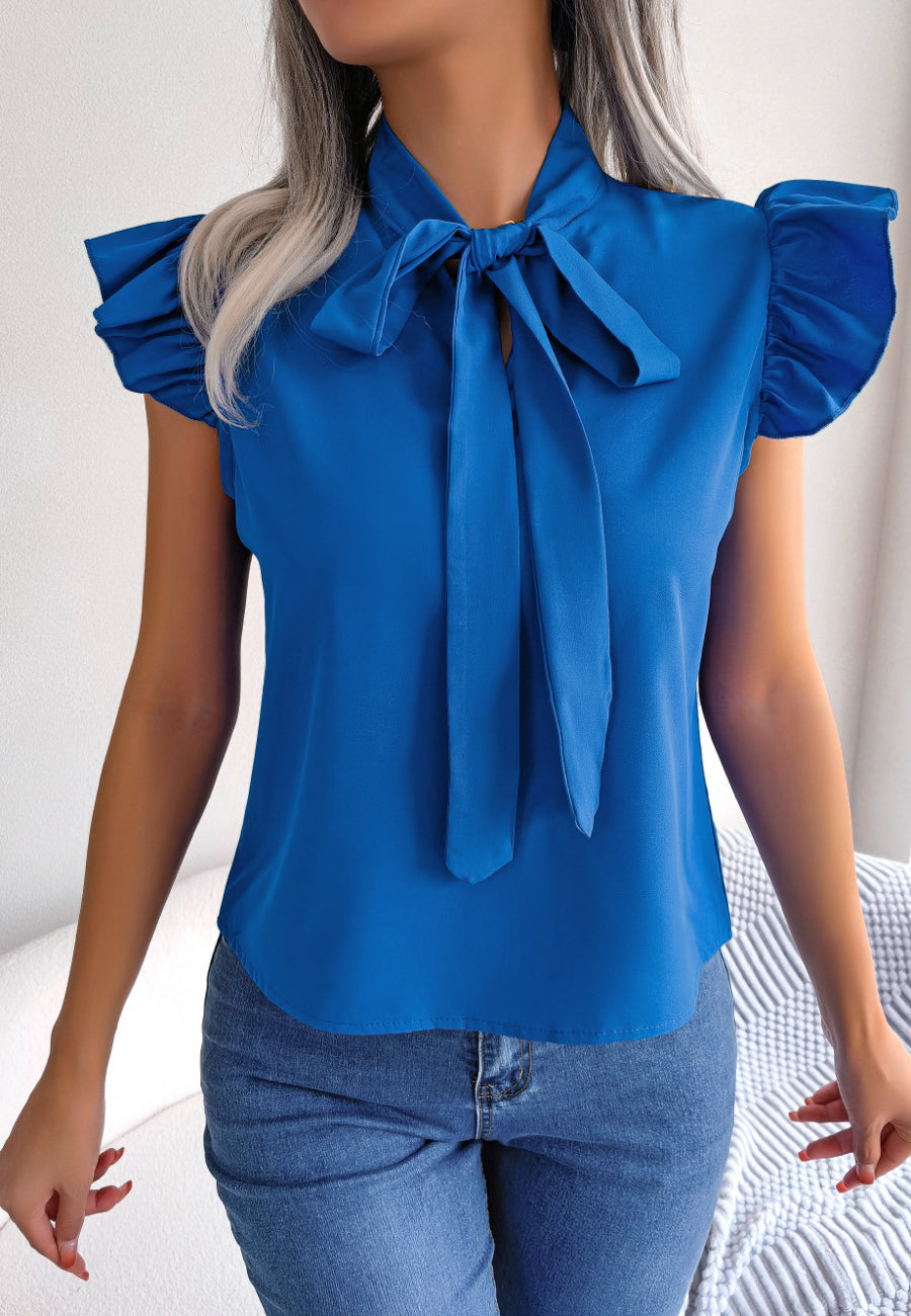 Tie Neck Ruffle Shoulder Blouse