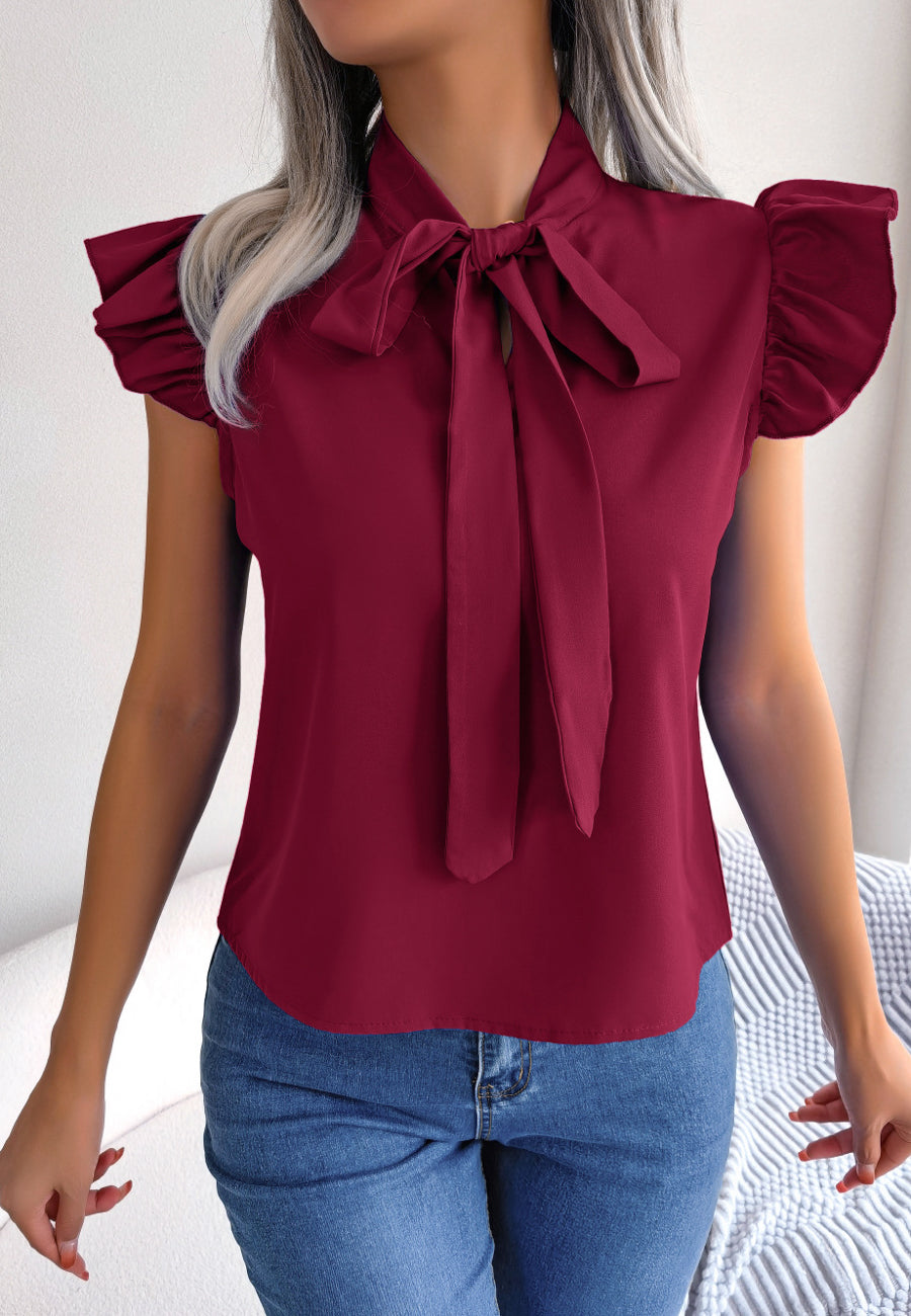 Tie Neck Ruffle Shoulder Blouse