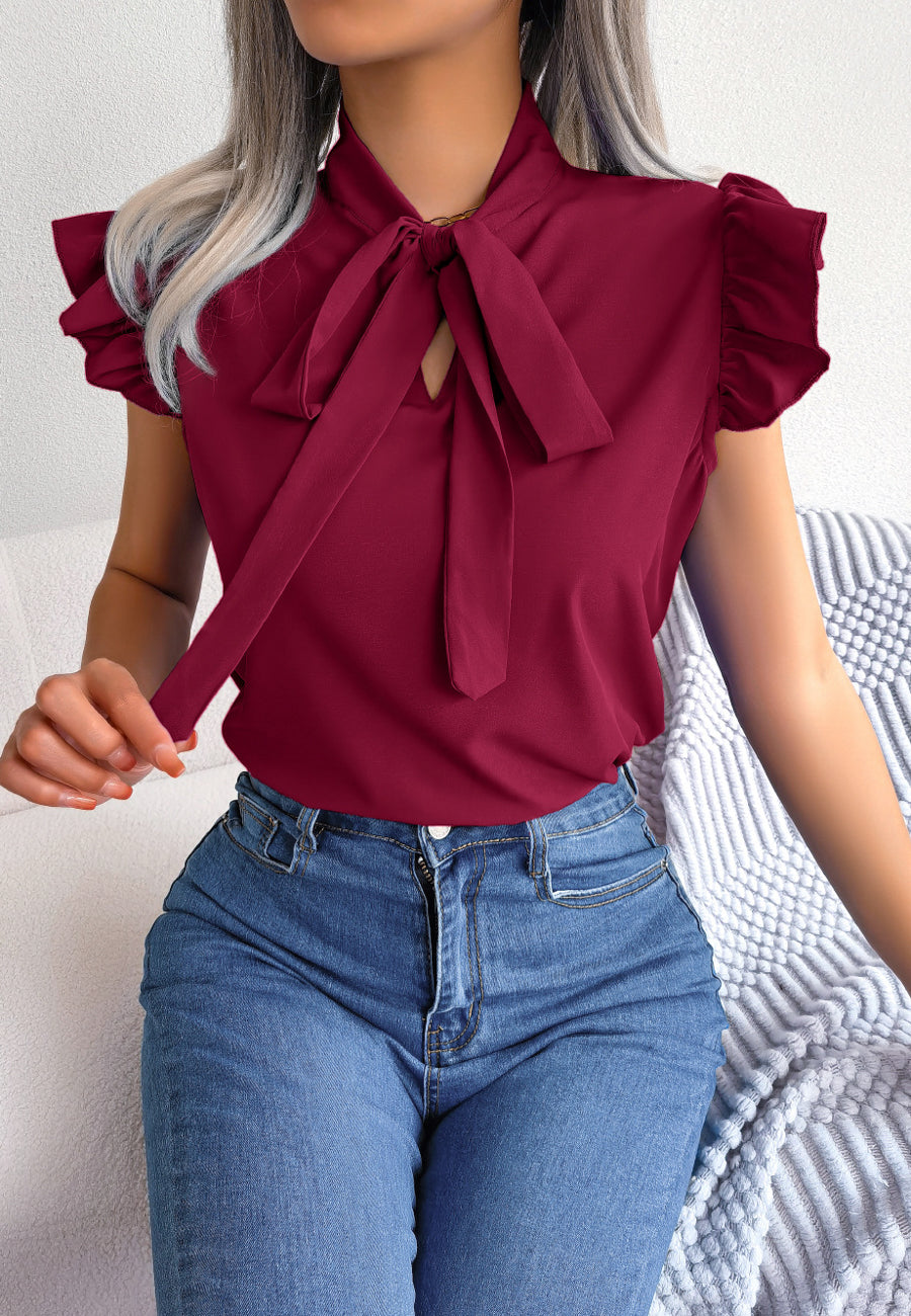 Tie Neck Ruffle Shoulder Blouse