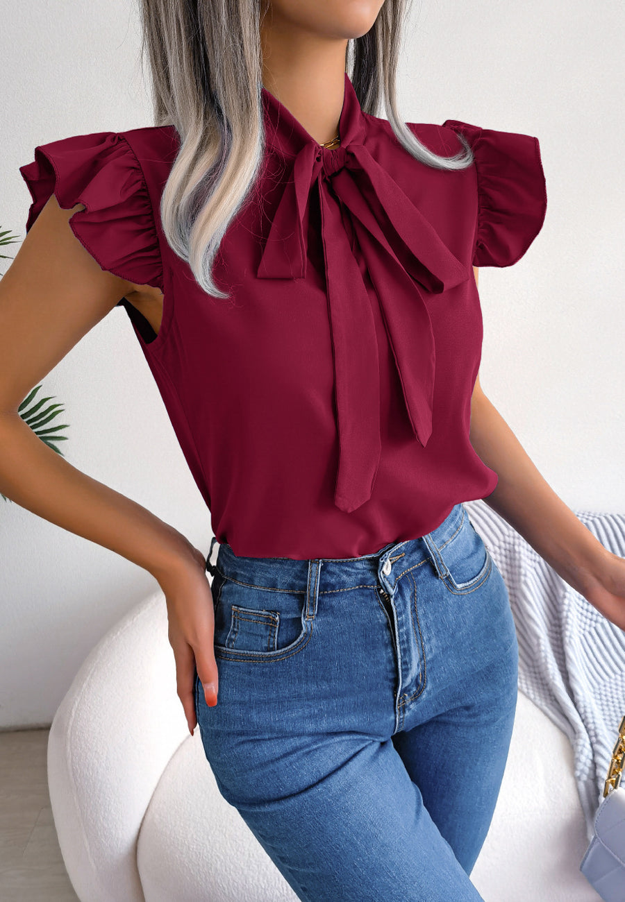 Tie Neck Ruffle Shoulder Blouse