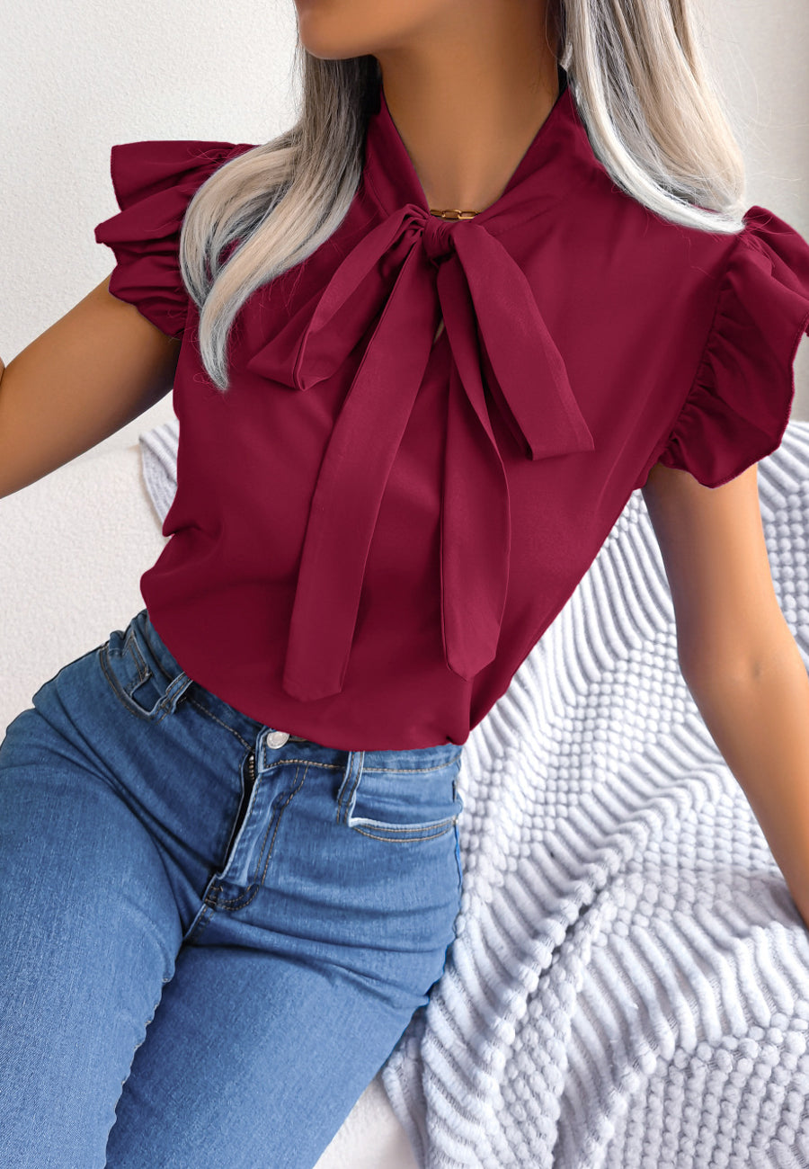 Tie Neck Ruffle Shoulder Blouse