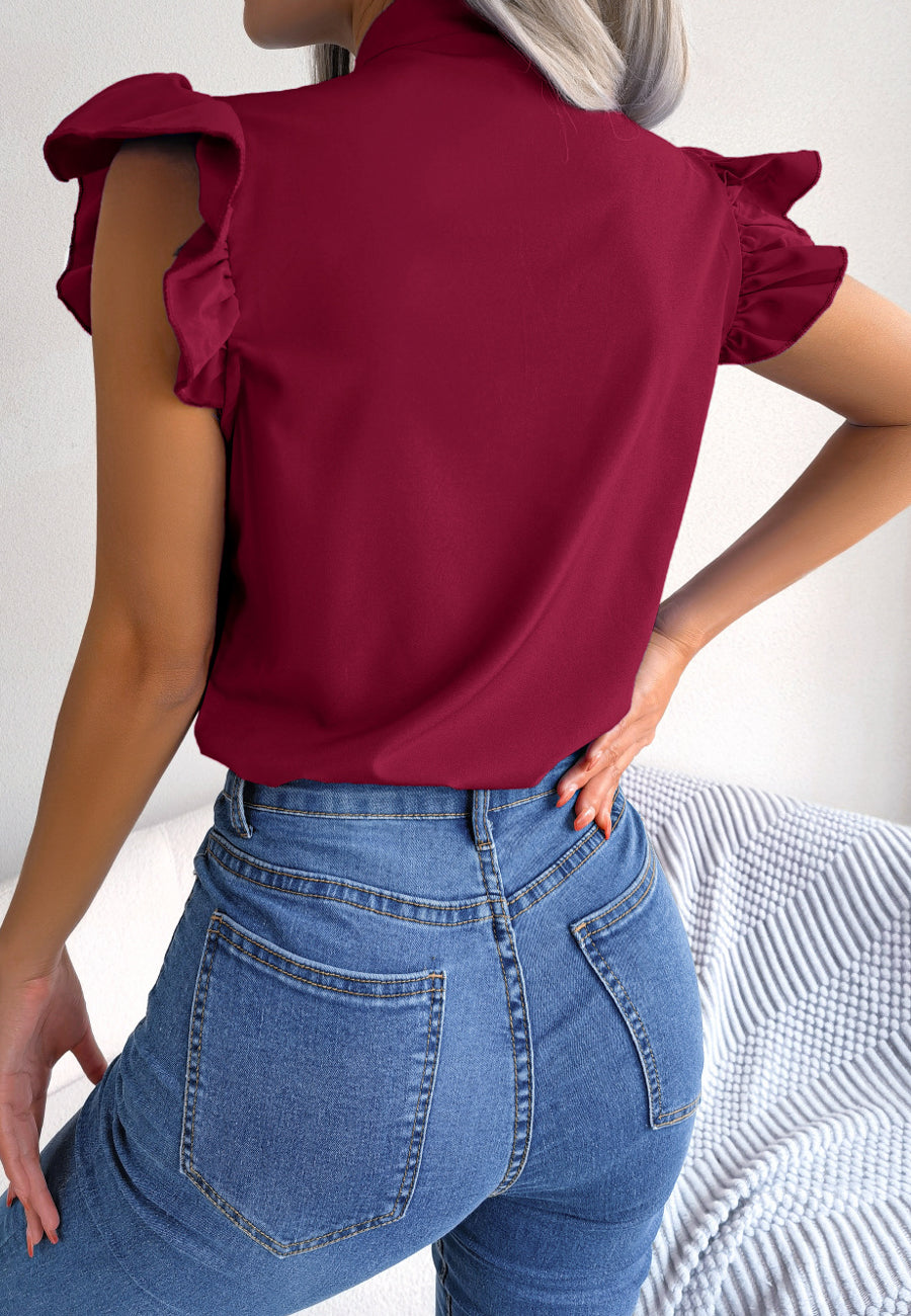 Tie Neck Ruffle Shoulder Blouse