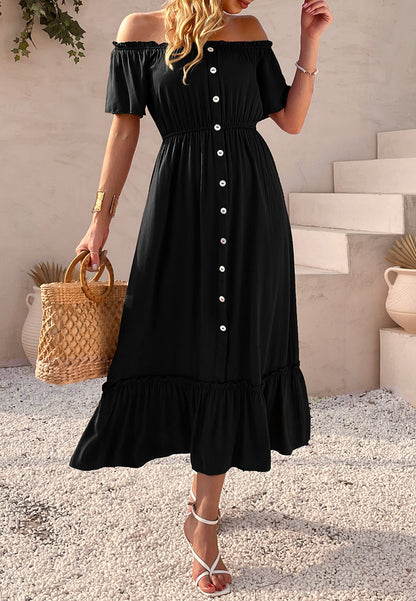 Off-Shoulder Contrast Button Dress