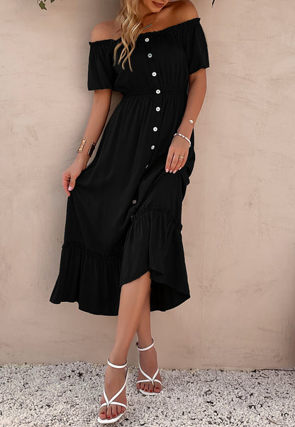 Off-Shoulder Contrast Button Dress