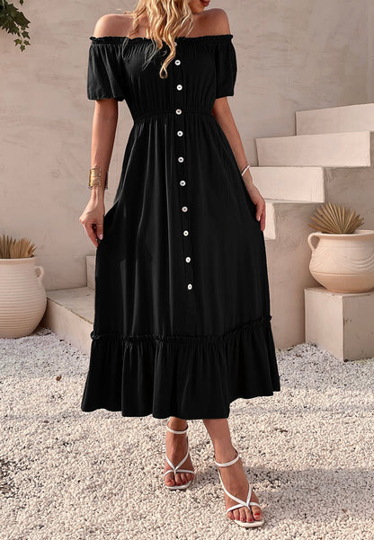 Off-Shoulder Contrast Button Dress